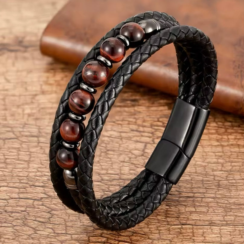 Feng Yue Punk Armband met Natuursteen & Lederen Bedels