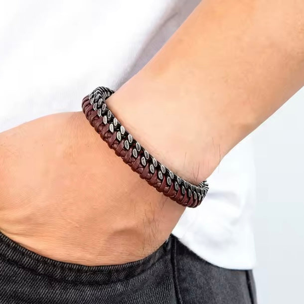 Herenarmband van leer en roestvrij staal met dubbele ketting en magneetsluiting