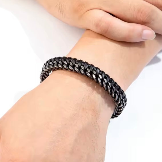 Herenarmband van leer en roestvrij staal met dubbele ketting en magneetsluiting