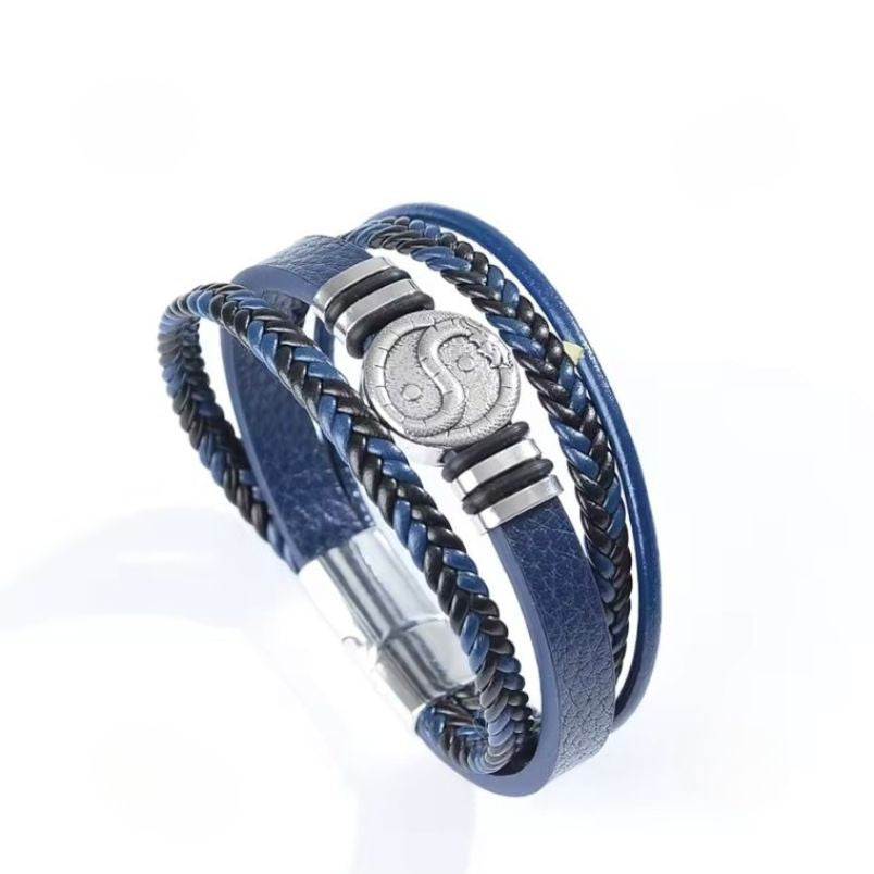 Blauw zwart geweven pu lederen yin-yang symboolarmband
