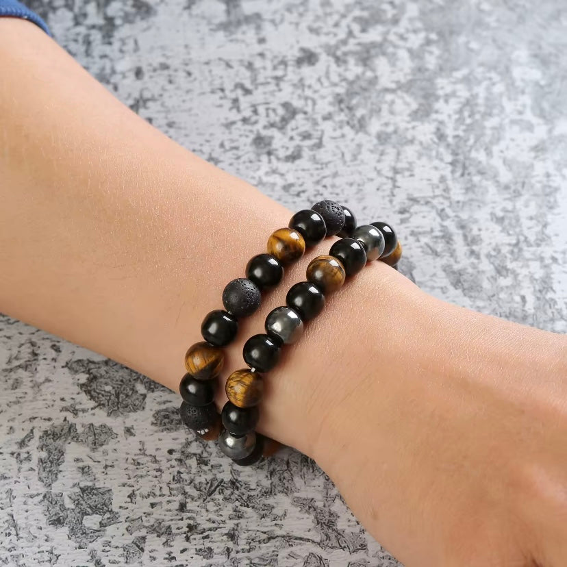 2 Stks/set Drievoudige Beschermingsarmband - Tijgeroog, Zwart Obsidiaan, Hematiet