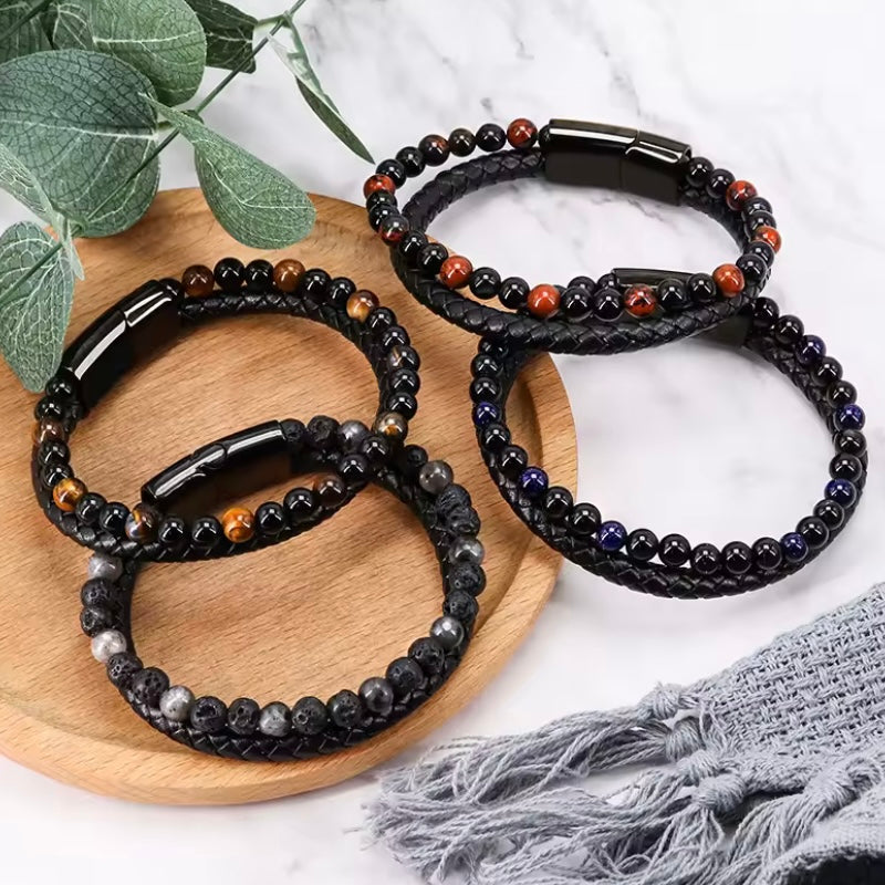 Heren Armband Natuursteen Tijgeroog Agaat Leer – Vulkanische Kralen Armband met Roestvrijstalen Sluiting