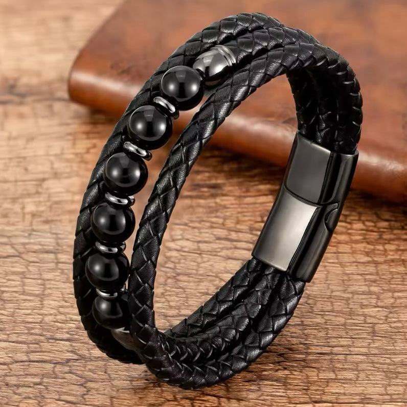 Feng Yue Punk Armband met Natuursteen & Lederen Bedels