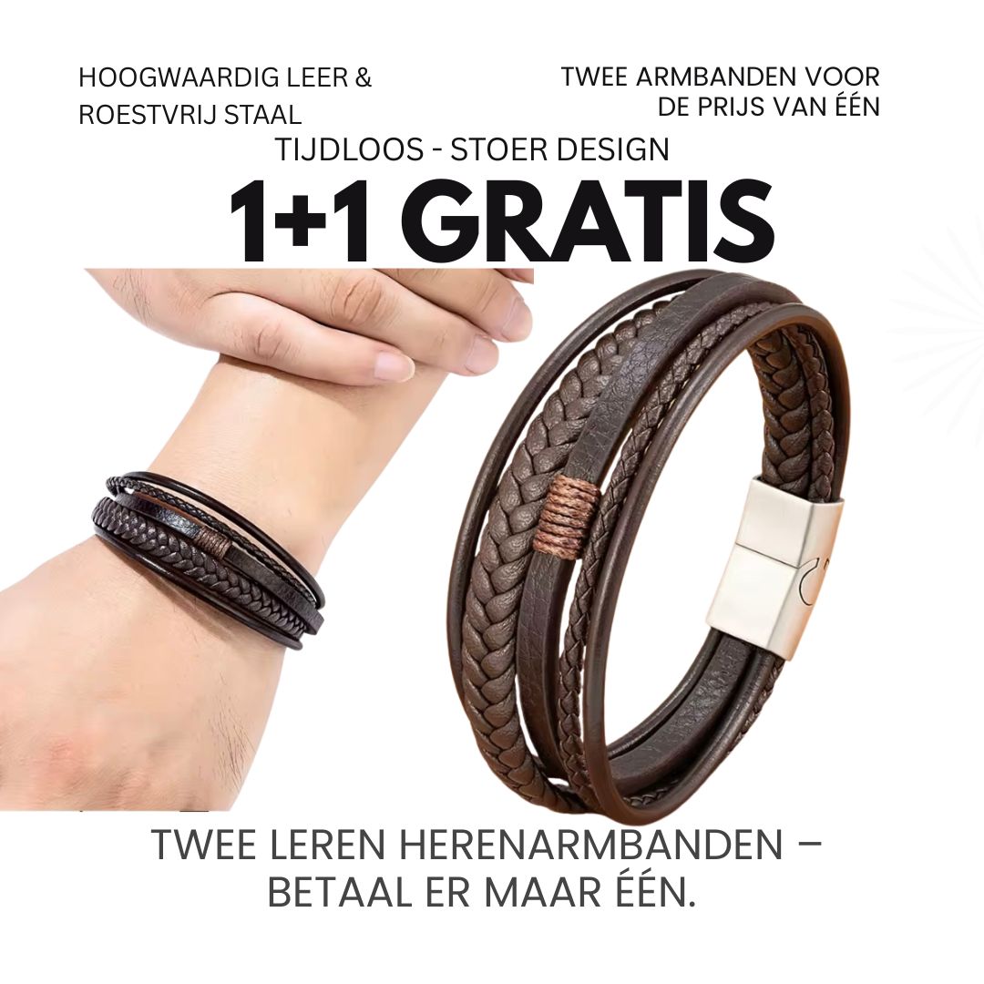 Duo Leren Herenarmband – Bruin Leer & Staal | 1+1 Gratis Actie bij HeWear