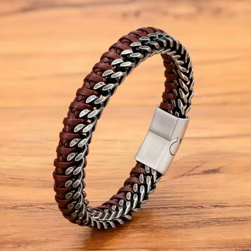 Herenarmband van leer en roestvrij staal met dubbele ketting en magneetsluiting