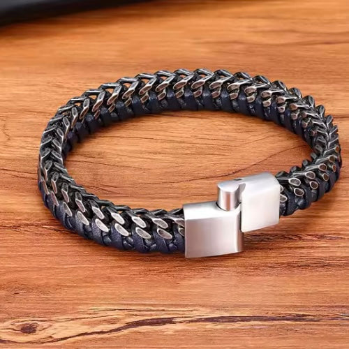 Herenarmband van leer en roestvrij staal met dubbele ketting en magneetsluiting