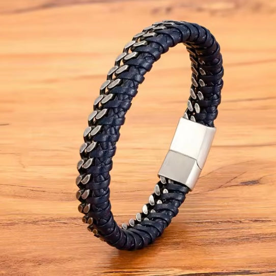 Herenarmband van leer en roestvrij staal met dubbele ketting en magneetsluiting