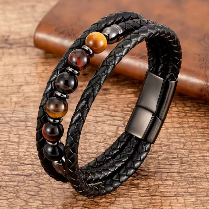 Feng Yue Punk Armband met Natuursteen & Lederen Bedels