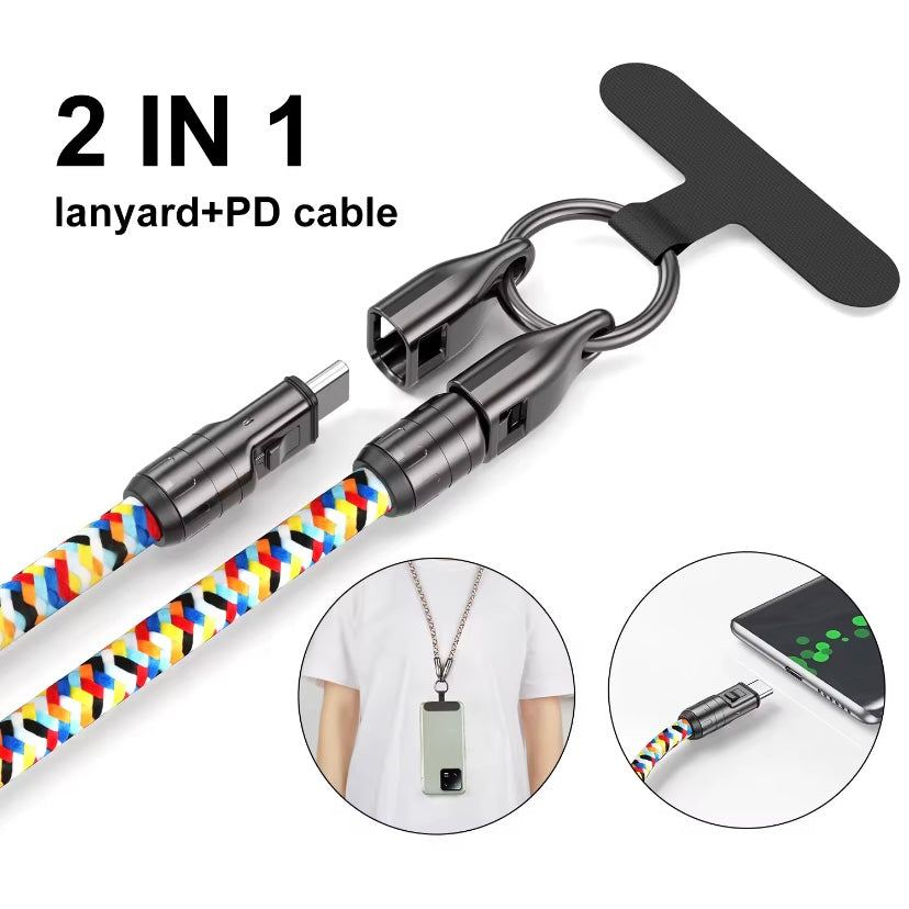 1.2M Crossbody Telefoonkoord met 240W Snellaadkabel – Universeel Type-C & Polsband