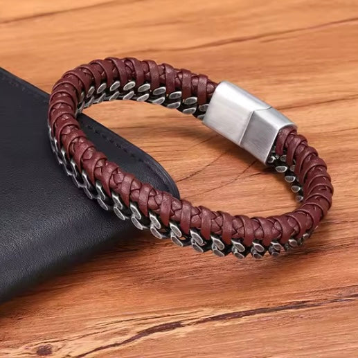 Herenarmband van leer en roestvrij staal met dubbele ketting en magneetsluiting