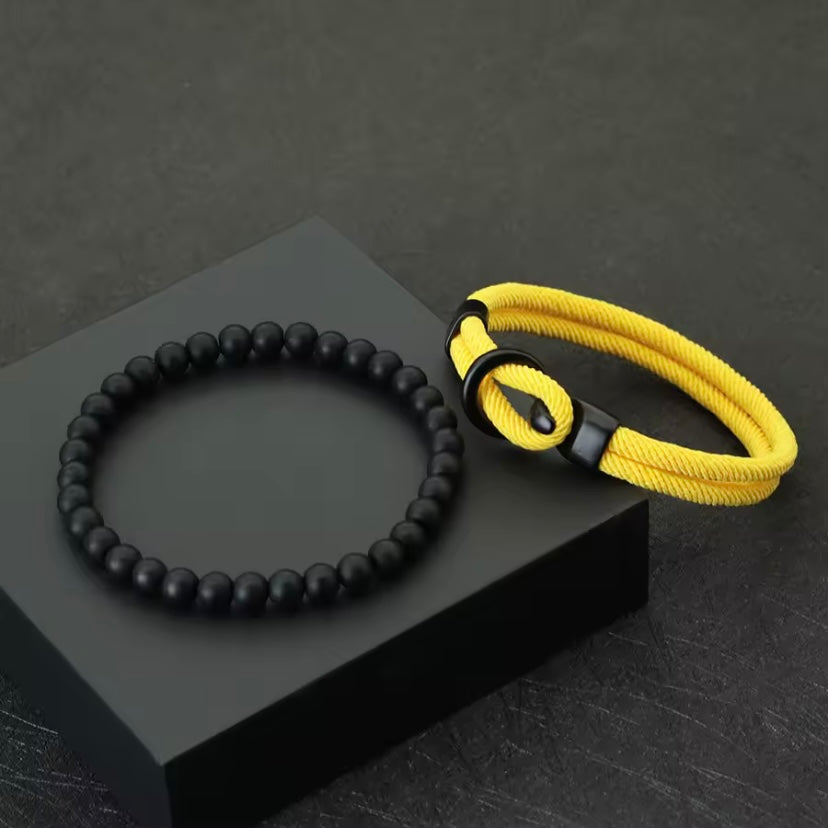 Mannen Armband Set Dubbellaags Touw Nautische Armband 6mm Zwarte Onyx Steen Armband