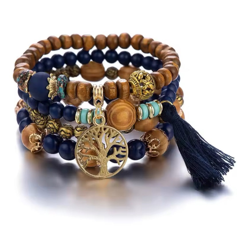 4-delige Vintage Damesarmband met Kralen, Kwastje en Bladhanger