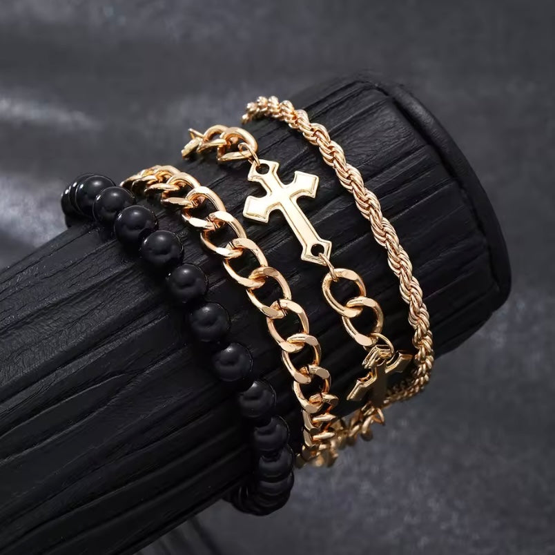 Set van 4 gouden punkarmbanden met minimalistisch kruis en zwarte kralen – stijlvolle kettingarmband geïnspireerd door Justin Bieber