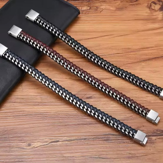 Herenarmband van leer en roestvrij staal met dubbele ketting en magneetsluiting
