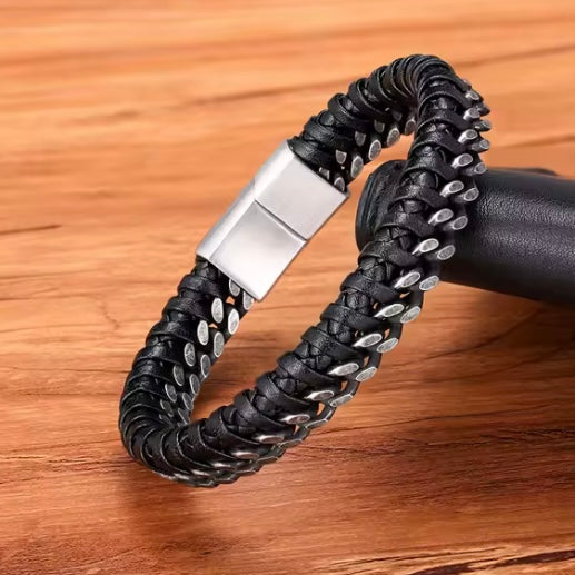 Herenarmband van leer en roestvrij staal met dubbele ketting en magneetsluiting