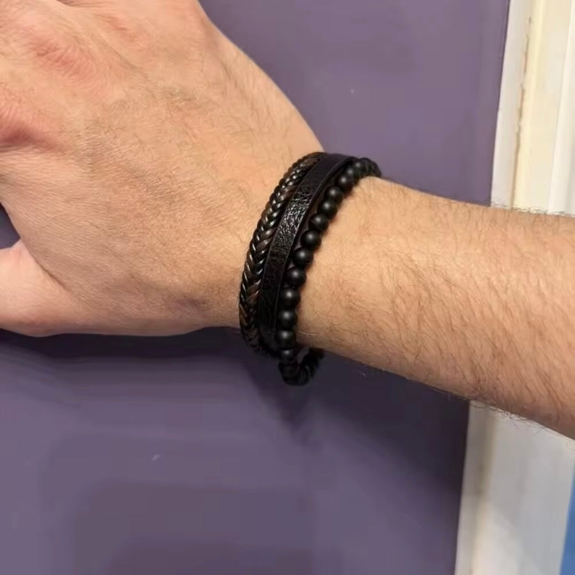 Klassieke Mode Hoge Kwaliteit Lederen Armband Obsidiaan Kralen Multi Layer Lederen