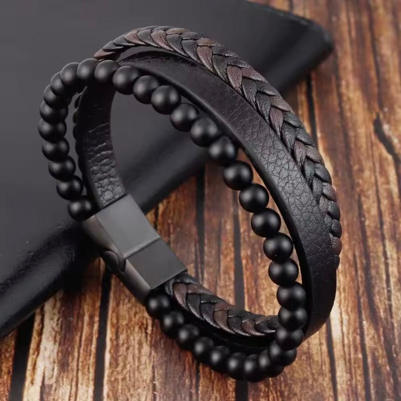 Klassieke Mode Hoge Kwaliteit Lederen Armband Obsidiaan Kralen Multi Layer Lederen