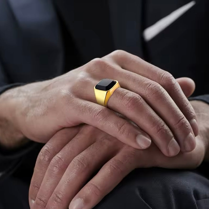 Heren Zegelring - Vierkante Pinky Ring van Roestvrij Staal met Zwarte Carneool