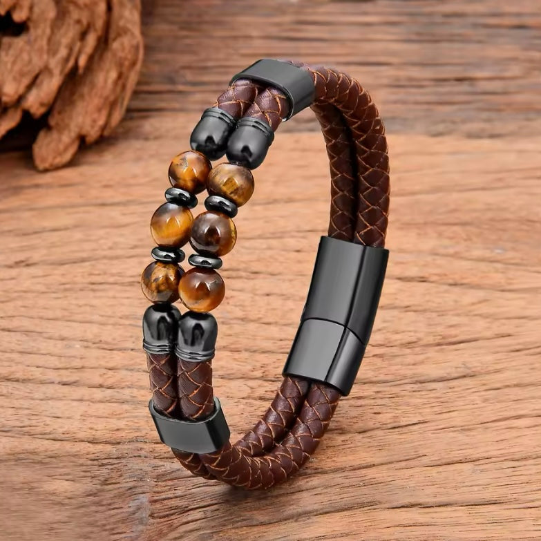 Bruin Natuurlijke Kwarts Armband Unisex - Roestvrij Stalen Sluiting, Tijgeroog Kralen