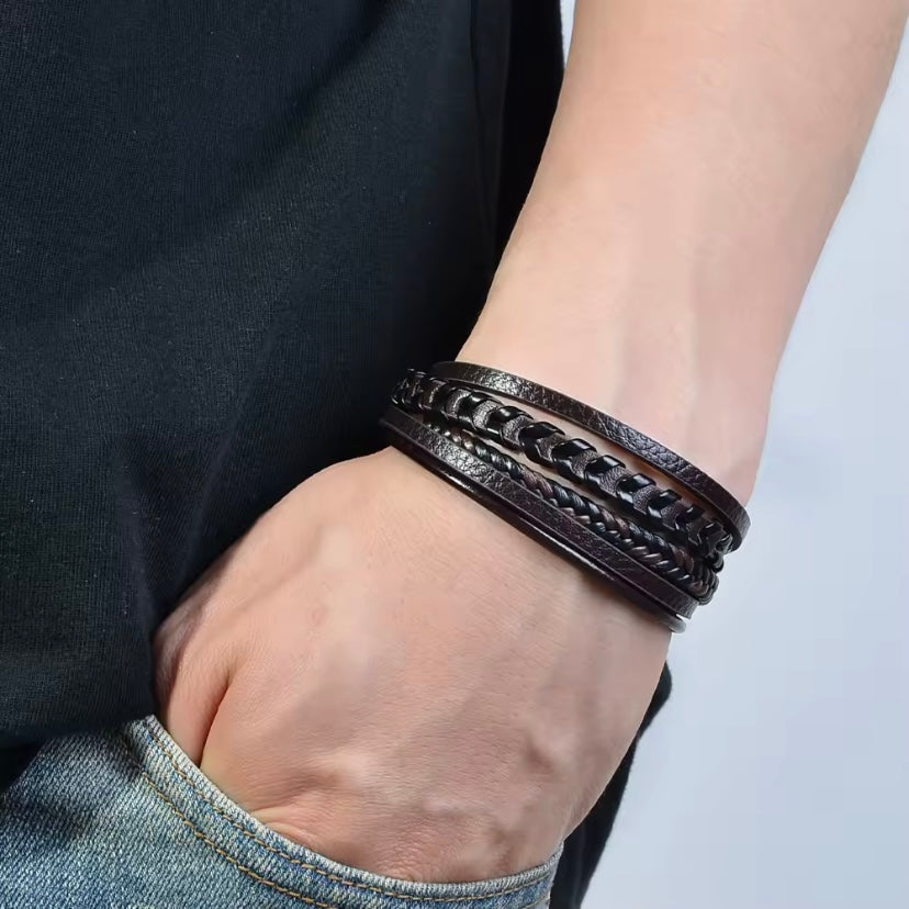 Meerlaags geweven PU-leren herenarmband, retro stijl