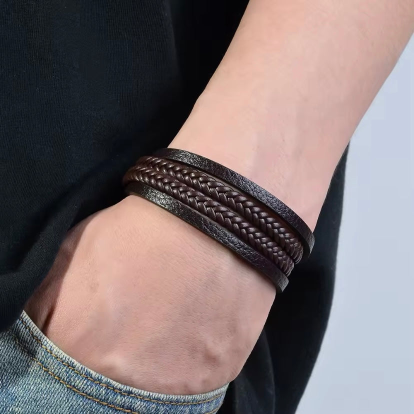 Meerlaags geweven PU-leren herenarmband, retro buitenstijl