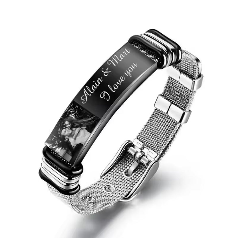 Perfecte herenarmband van titaniumstaal voor Vaderdag – Personaliseerbaar met familiefoto's een stijlvol cadeau