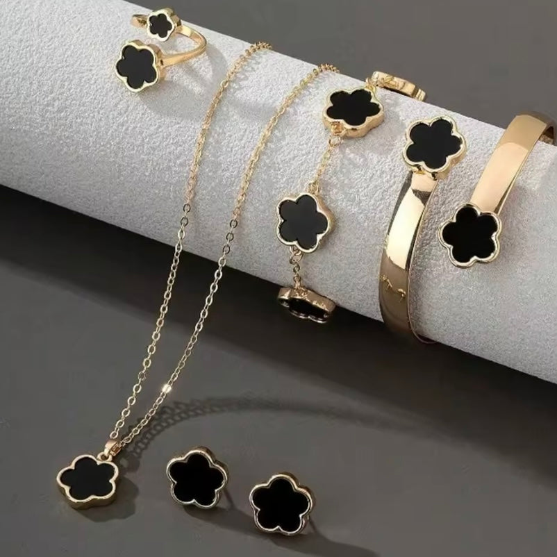 6-delige damessieradenset met bloemen – ketting, armband, oorbellen & ringen | Cadeau