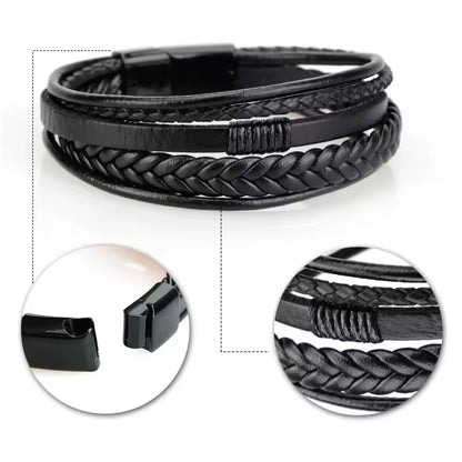 Stoere Lederen Armbanden Zw – Roestvrij Staal & Gevlochten Design | Perfect Cadeau voor Mannen