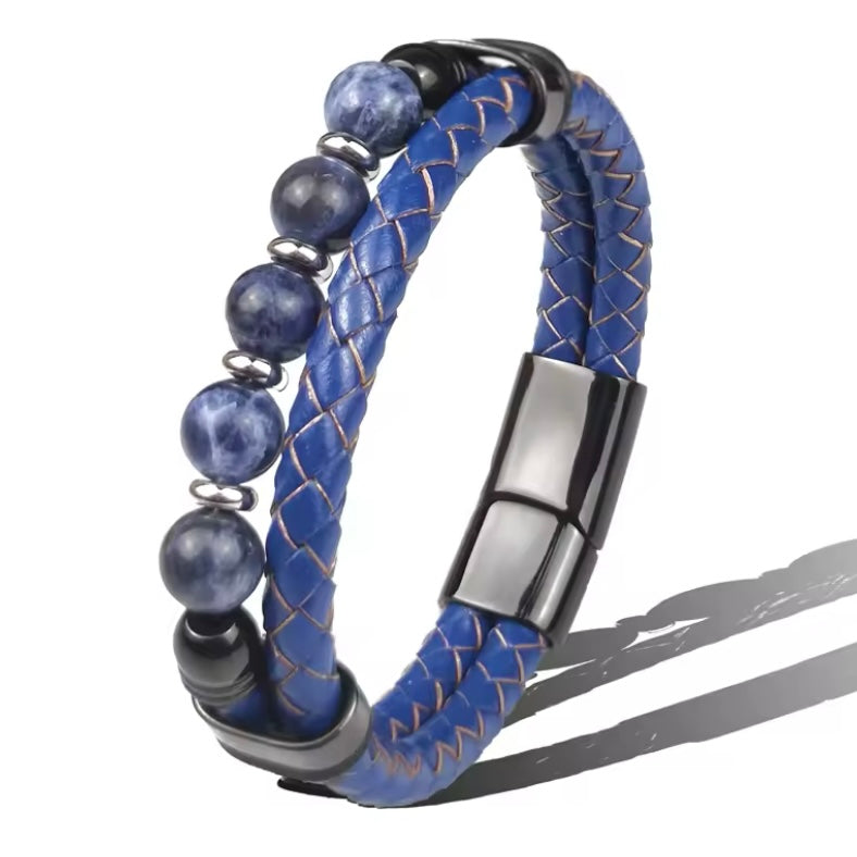 Natuurlijke Ronde Chakra Kraal Steen Armband Heren Klassieke Rode Lederen Rvs Armbanden