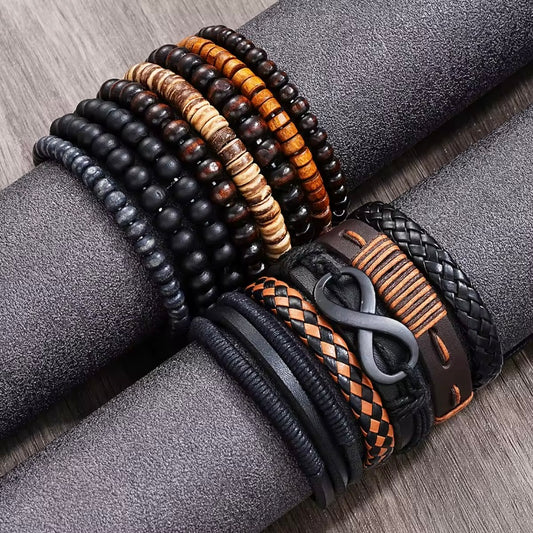 13 Stuks Mode Kralen Lederen Armband Set Voor Mannen Geweven Kralen Multi-Layer