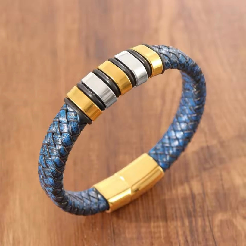 Vintage blauw leer geweven magnetische gesp armband (21 cm)