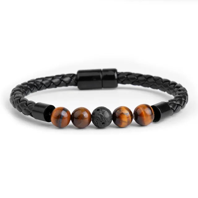 Ontspannende Tijgeroog Lederen Kralen Armband - Vulkaangesteente