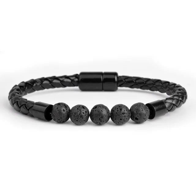 Ontspannende Tijgeroog Lederen Kralen Armband - Vulkaangesteente