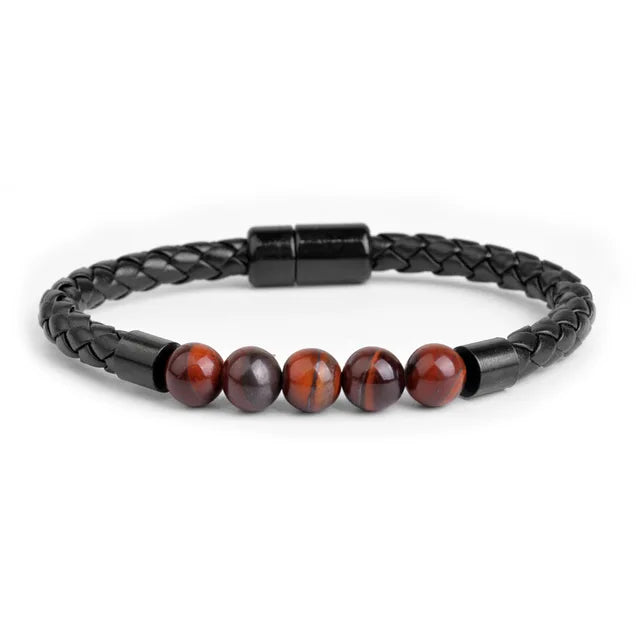 Ontspannende Tijgeroog Lederen Kralen Armband - Vulkaangesteente