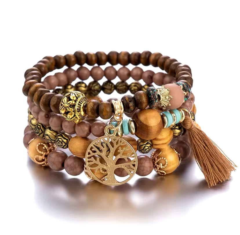 4-delige Vintage Damesarmband met Kralen, Kwastje en Bladhanger