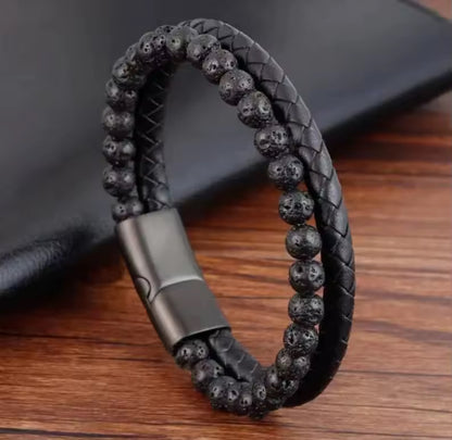 Heren Armband Natuursteen Tijgeroog Agaat Leer – Vulkanische Kralen Armband met Roestvrijstalen Sluiting