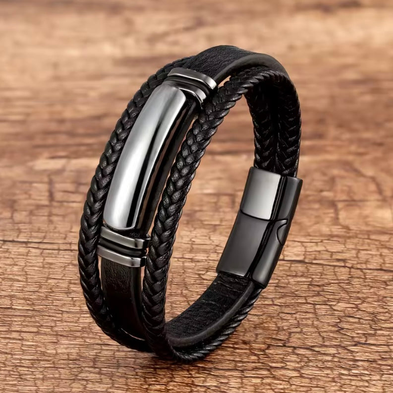 Rock Heren Armband met Gevlochten Leer en Stalen Detail