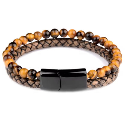 Comfortabele Handgemaakte Leren Herenarmband met Tijgeroog • 6 mm Gevlochten Leer