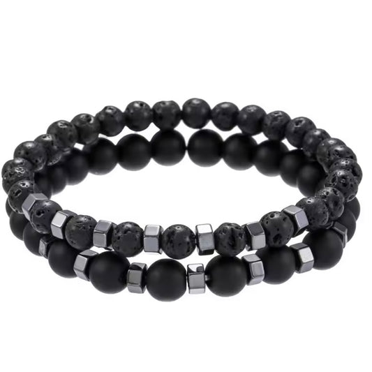 2-Delige Kralen Armband Set – Lavasteen, Agaat & Tijgeroog | Unisex Sieraden Cadeau voor Mannen & Vrouwen