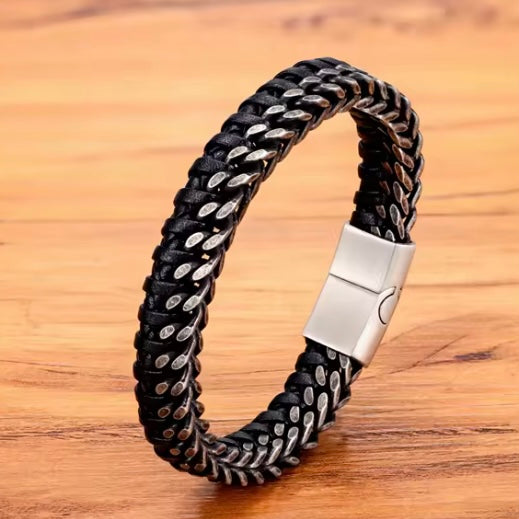 Herenarmband van leer en roestvrij staal met dubbele ketting en magneetsluiting