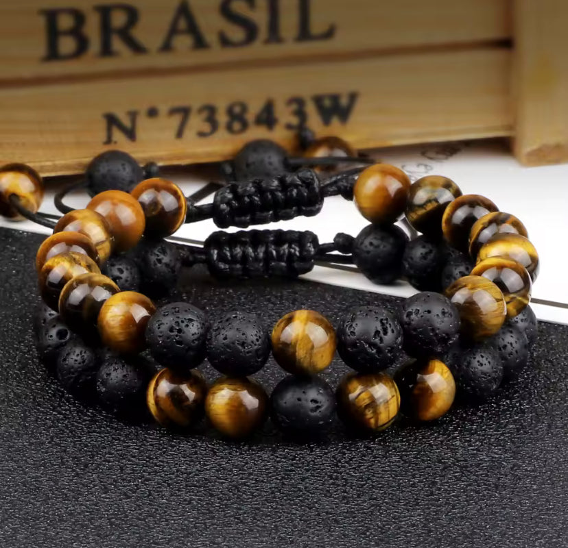 8mm Zwarte Lava & Tijgeroog Armband – Verstelbare Gevlochten Armband