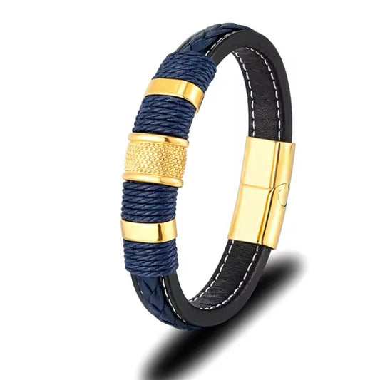 Leren Mannen Armband - Blauw Goudkleurig Roestvrij Magnetische Gesp (Limited Edition) 19-23 cm