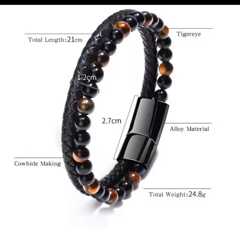 Heren Armband Natuursteen Tijgeroog Agaat Leer – Vulkanische Kralen Armband met Roestvrijstalen Sluiting