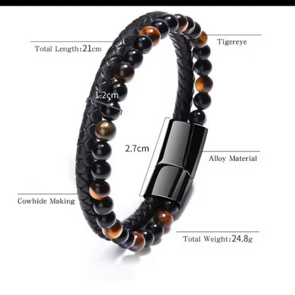 Heren Armband Natuursteen Tijgeroog Agaat Leer – Vulkanische Kralen Armband met Roestvrijstalen Sluiting