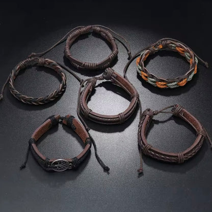 Leren armband voor heren Retro handgeweven leren armband, de levensboom Element Zesdelige set