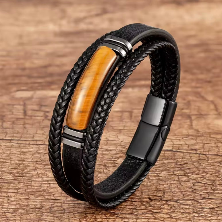 Rock Heren Armband met Gevlochten Leer en Stalen Detail