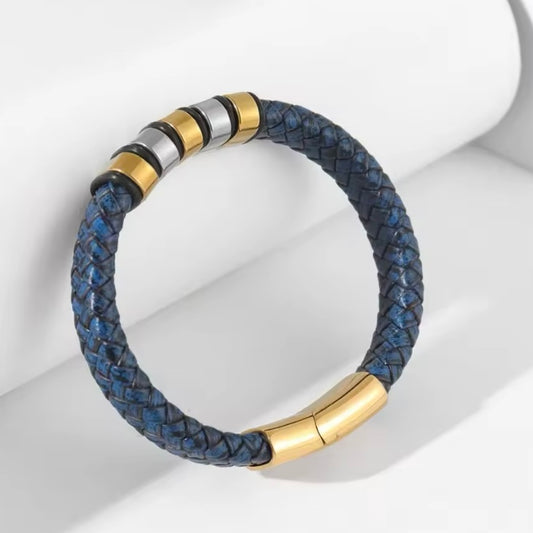 Vintage blauw leer geweven magnetische gesp armband (21 cm)