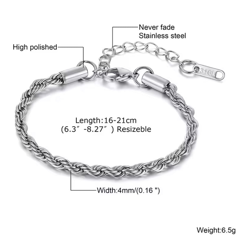 4 mm RVS Twisted Rope Armband voor Mannen & Vrouwen – Unisex Edelstalen Sieraad – Perfect Kerstcadeau