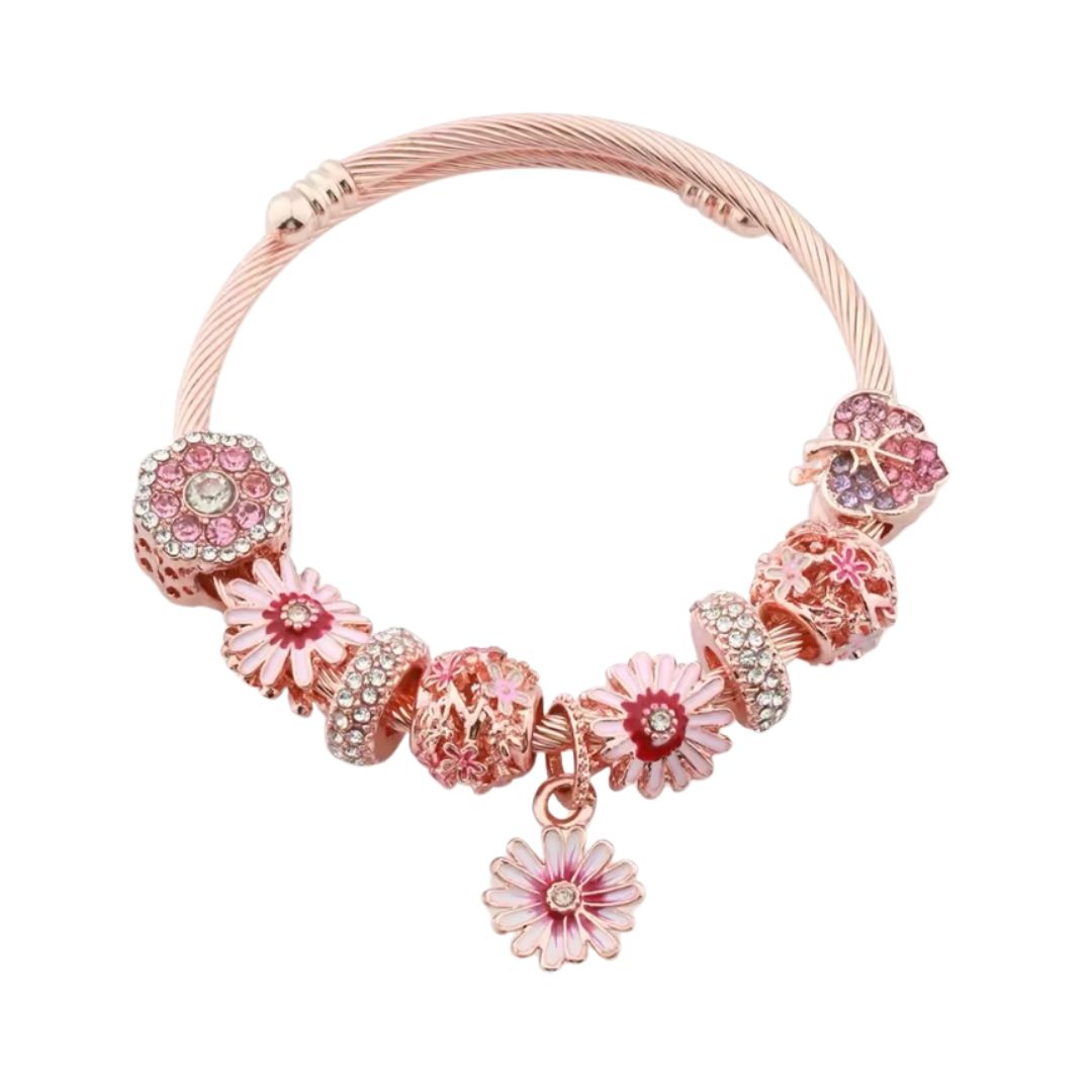 Verstelbare Hart Manchet Armband met Bloem Charm