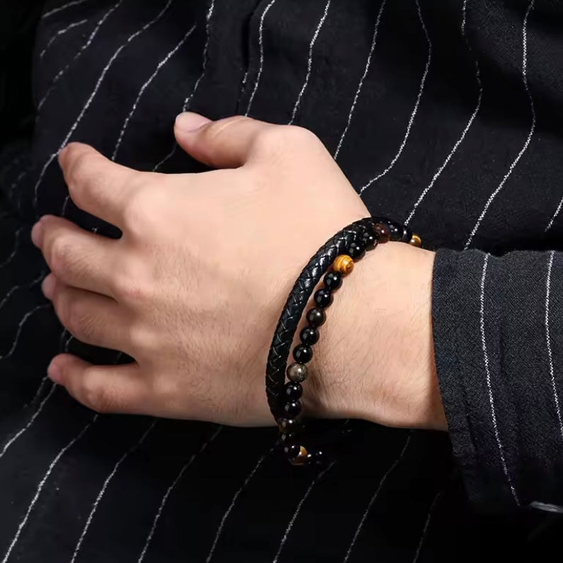 Heren Armband Natuursteen Tijgeroog Agaat Leer – Vulkanische Kralen Armband met Roestvrijstalen Sluiting